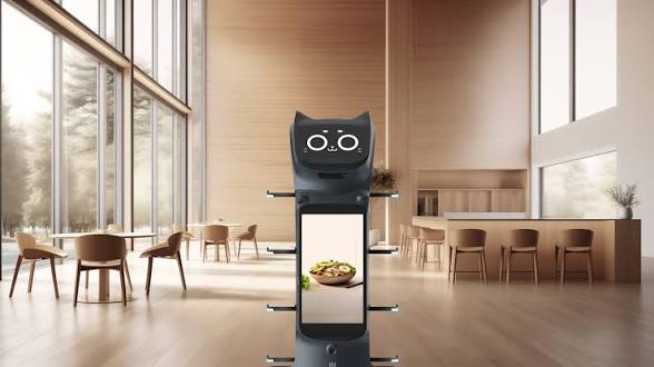 BellaBot Pro levando bandejas e bebidas pelo salão de um restaurante